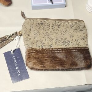 Tan and Brown Women's Pouch With Zipper